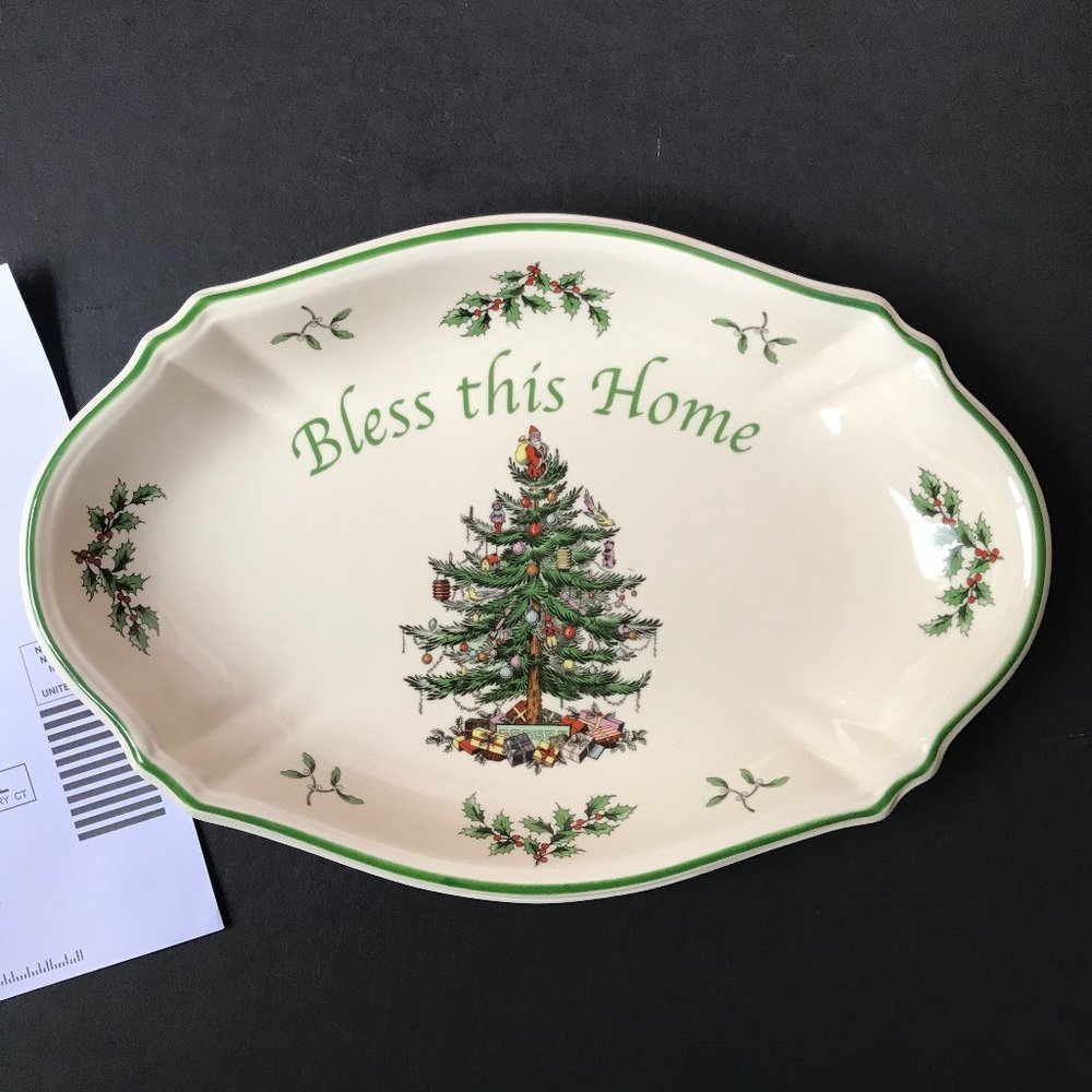 Spode Christmas Tree "Bless This Home" Tray Serving Plate 11"x 7.25"